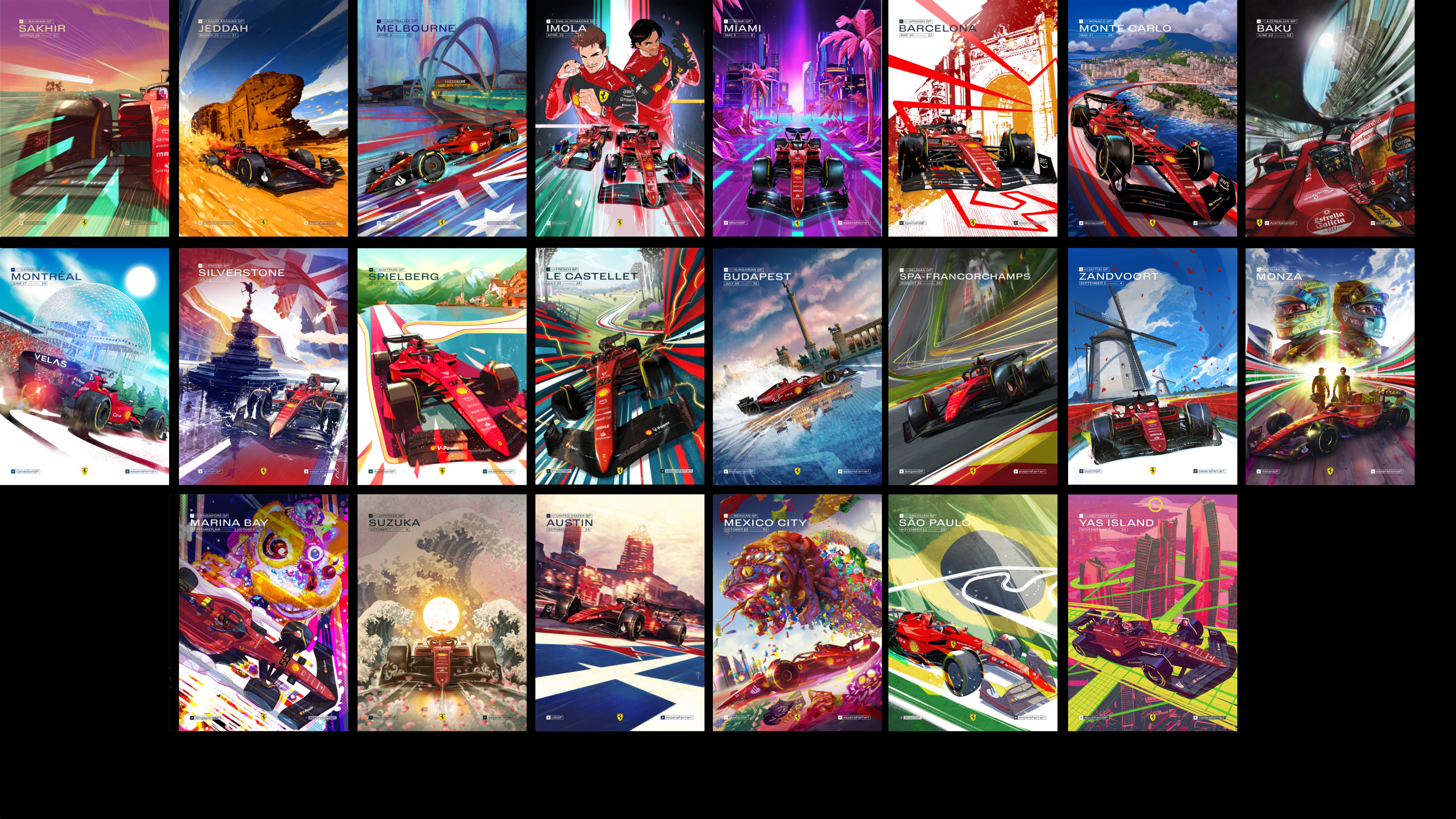 2022 Ferrari F1 Grand Prix cover art poster set — full collection